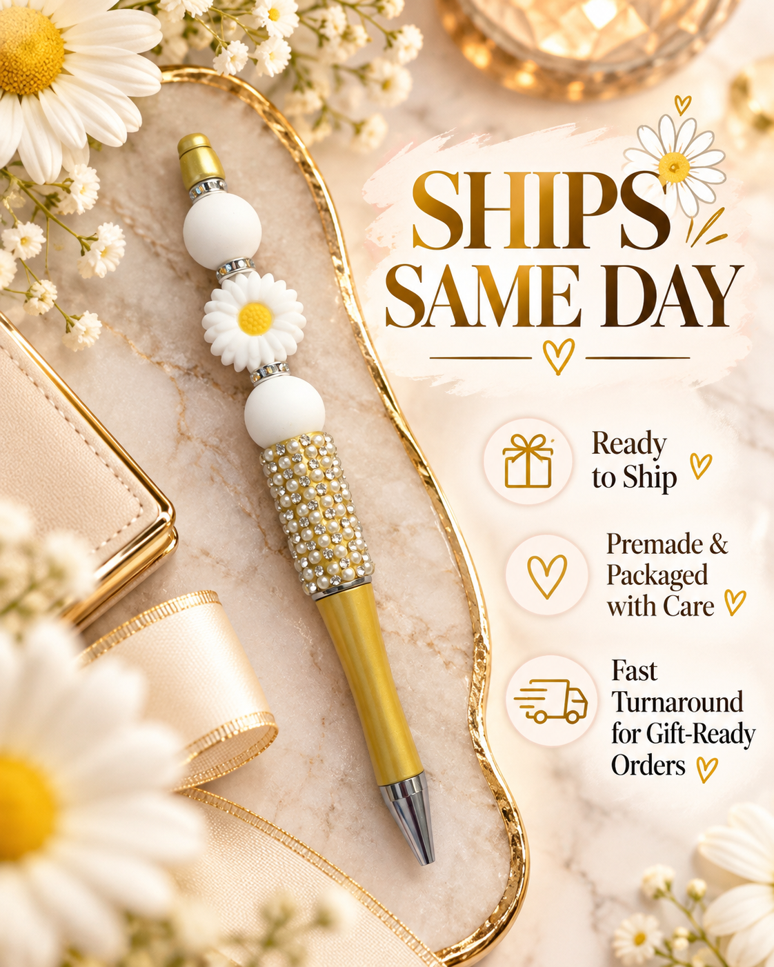 Yellow Daisy Beaded Pen – White Flower Rhinestone Ballpoint Pen