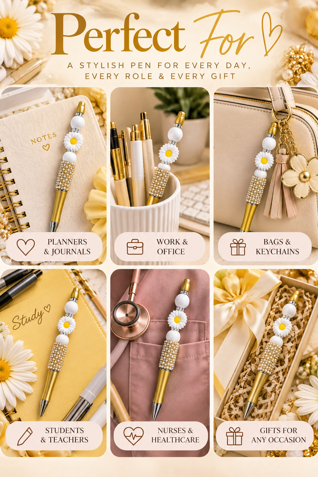 Yellow Daisy Beaded Pen – White Flower Rhinestone Ballpoint Pen