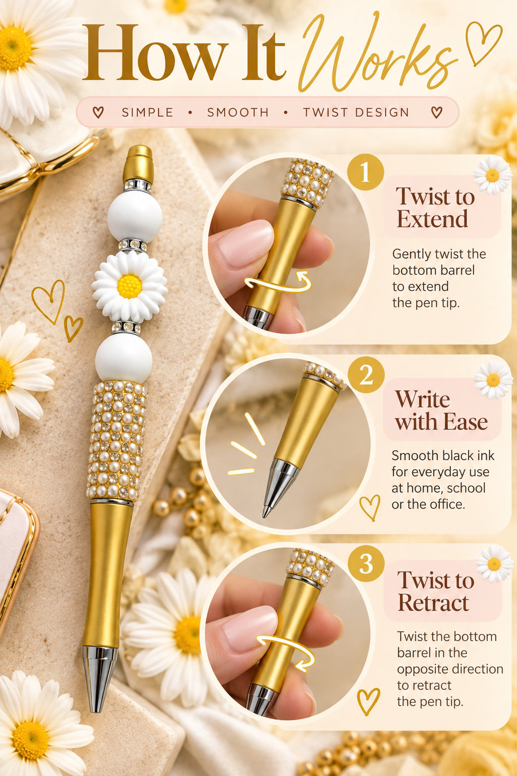 Yellow Daisy Beaded Pen – White Flower Rhinestone Ballpoint Pen