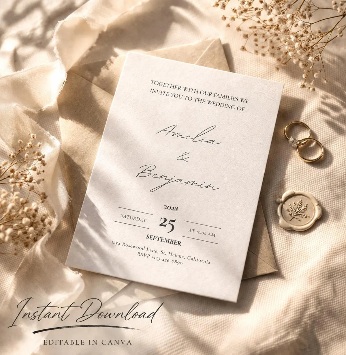 Minimalist Wedding Invitation Template – Editable Black & Ivory 5x7 Canva Download