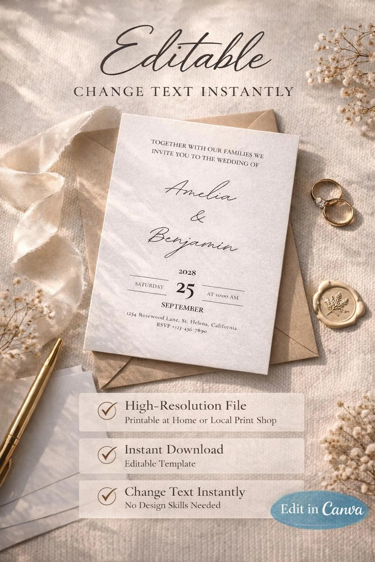 Minimalist Wedding Invitation Template – Editable Black & Ivory 5x7 Canva Download