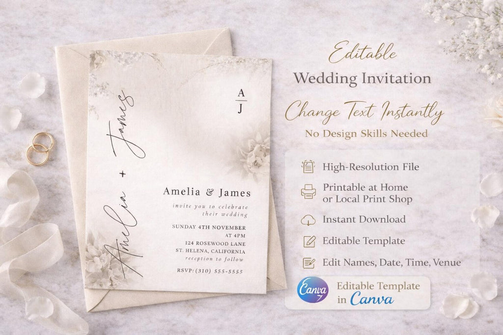 Neutral Wedding Invitation Template | Editable Beige Floral Canva Invite 5x7