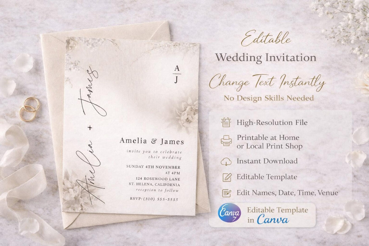 Neutral Wedding Invitation Template | Editable Beige Floral Canva Invite 5x7