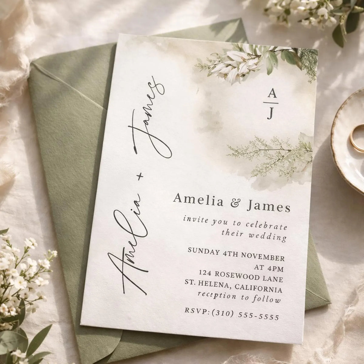 Sage Green Botanical Wedding Invitation Template – Editable 5x7 Canva Digital Download