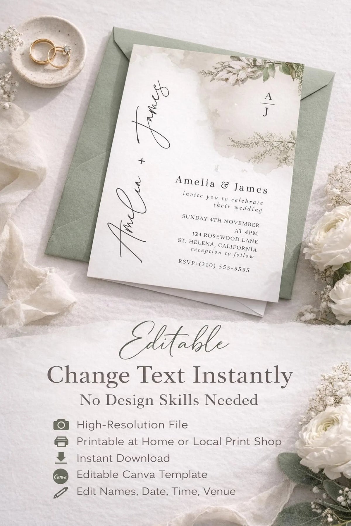 Sage Green Botanical Wedding Invitation Template – Editable 5x7 Canva Digital Download