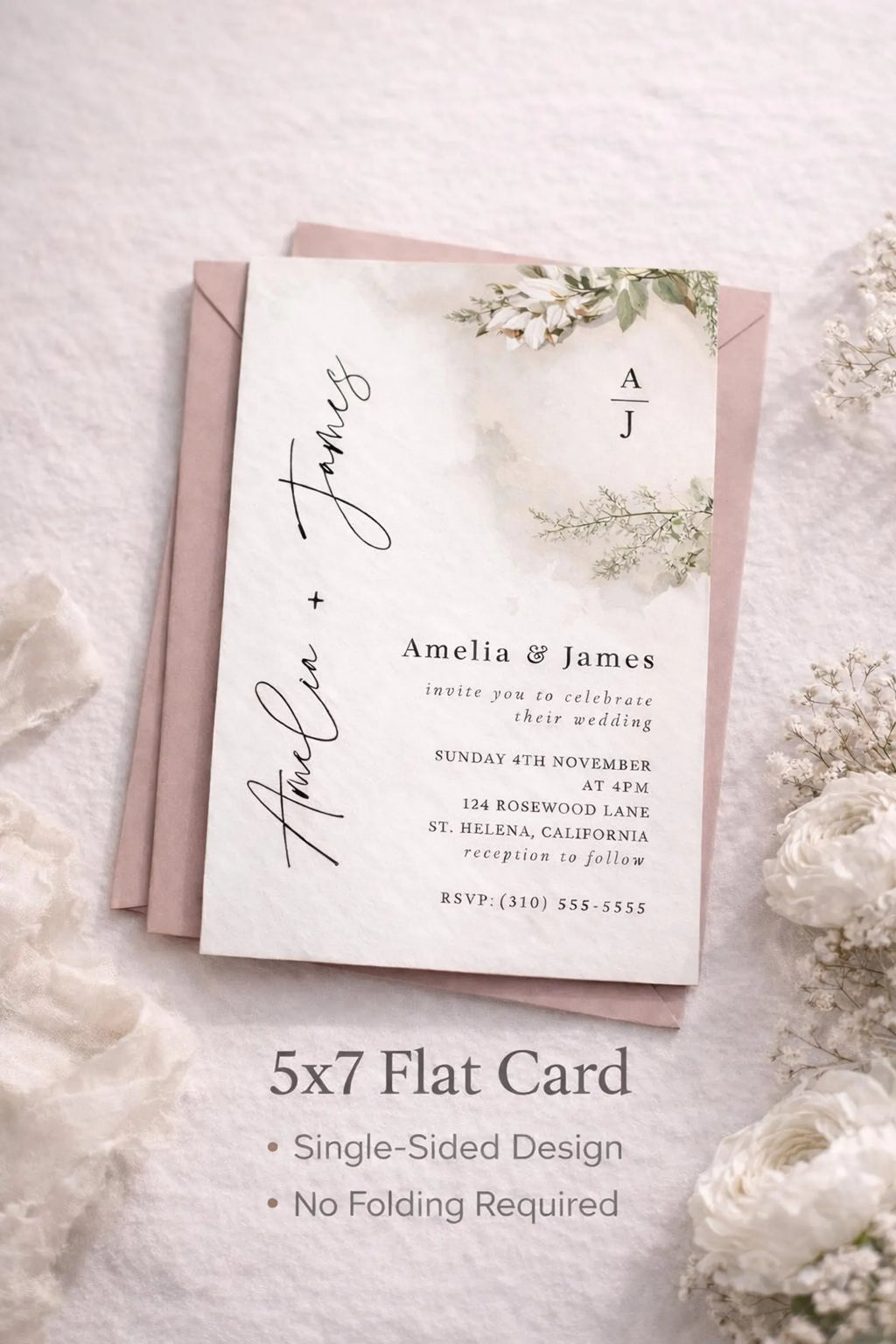 Sage Green Botanical Wedding Invitation Template – Editable 5x7 Canva Digital Download