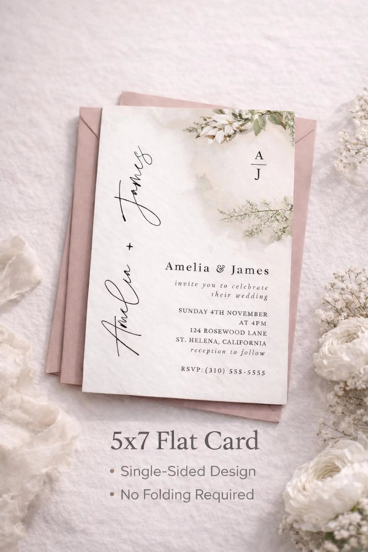 Sage Green Botanical Wedding Invitation Template – Editable 5x7 Canva Digital Download
