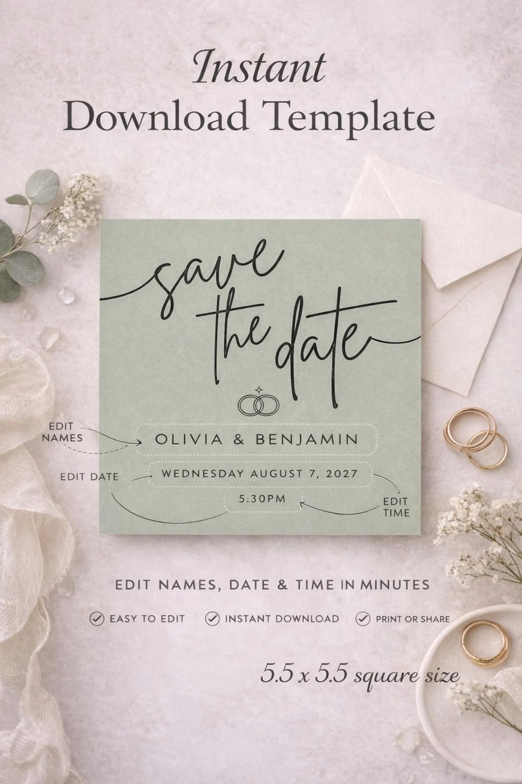 Sage Green Save the Date Template – Editable 5.5x5.5 Square Canva Download