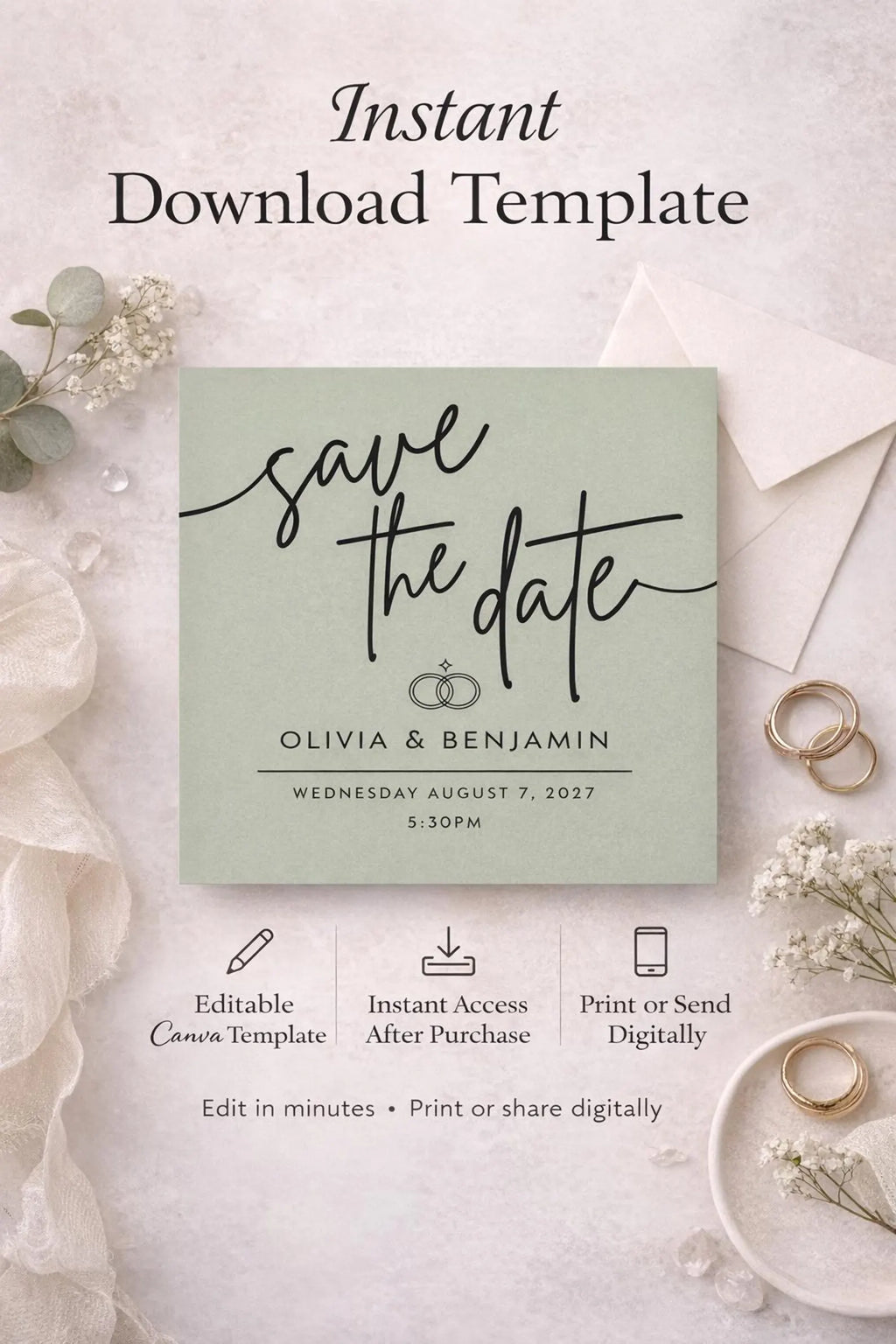 Sage Green Save the Date Template – Editable 5.5x5.5 Square Canva Download
