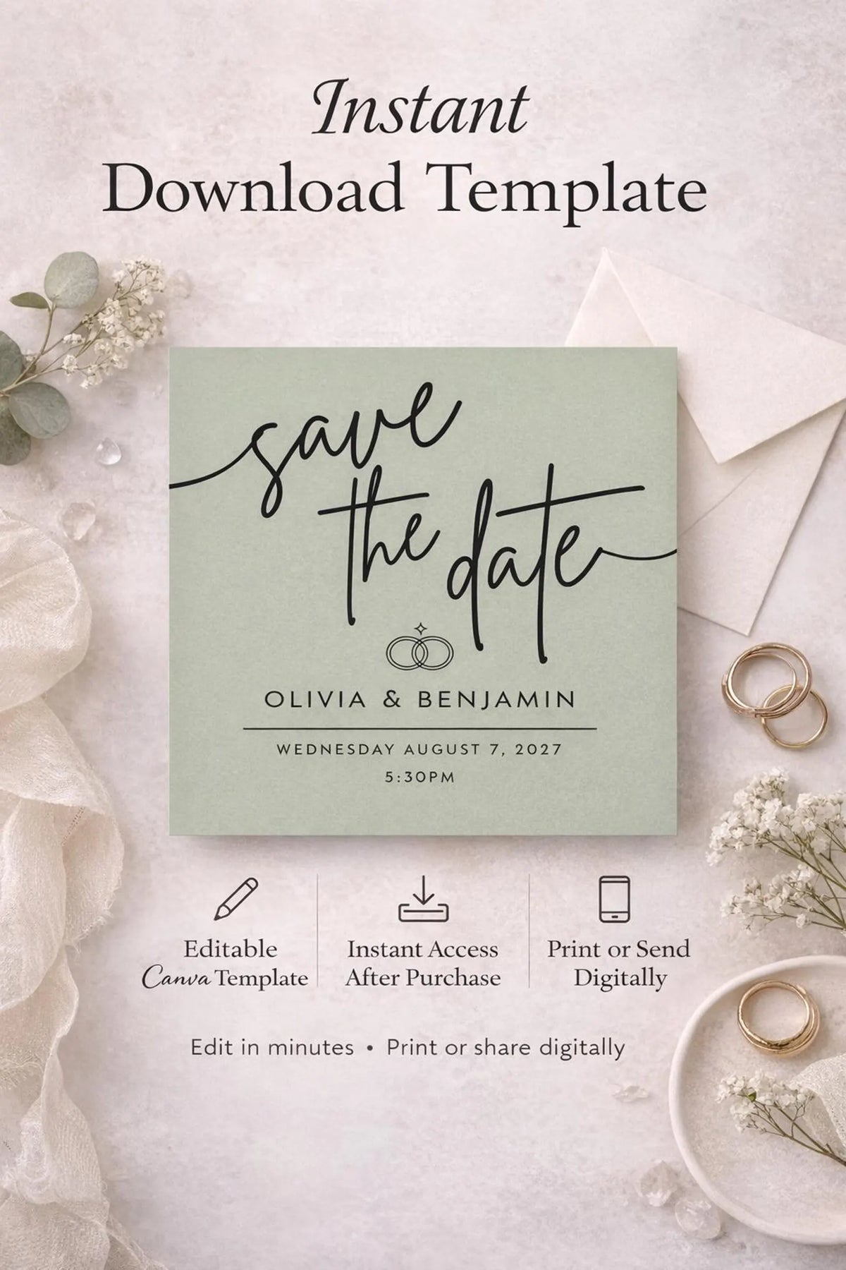 Sage Green Save the Date Template – Editable 5.5x5.5 Square Canva Download
