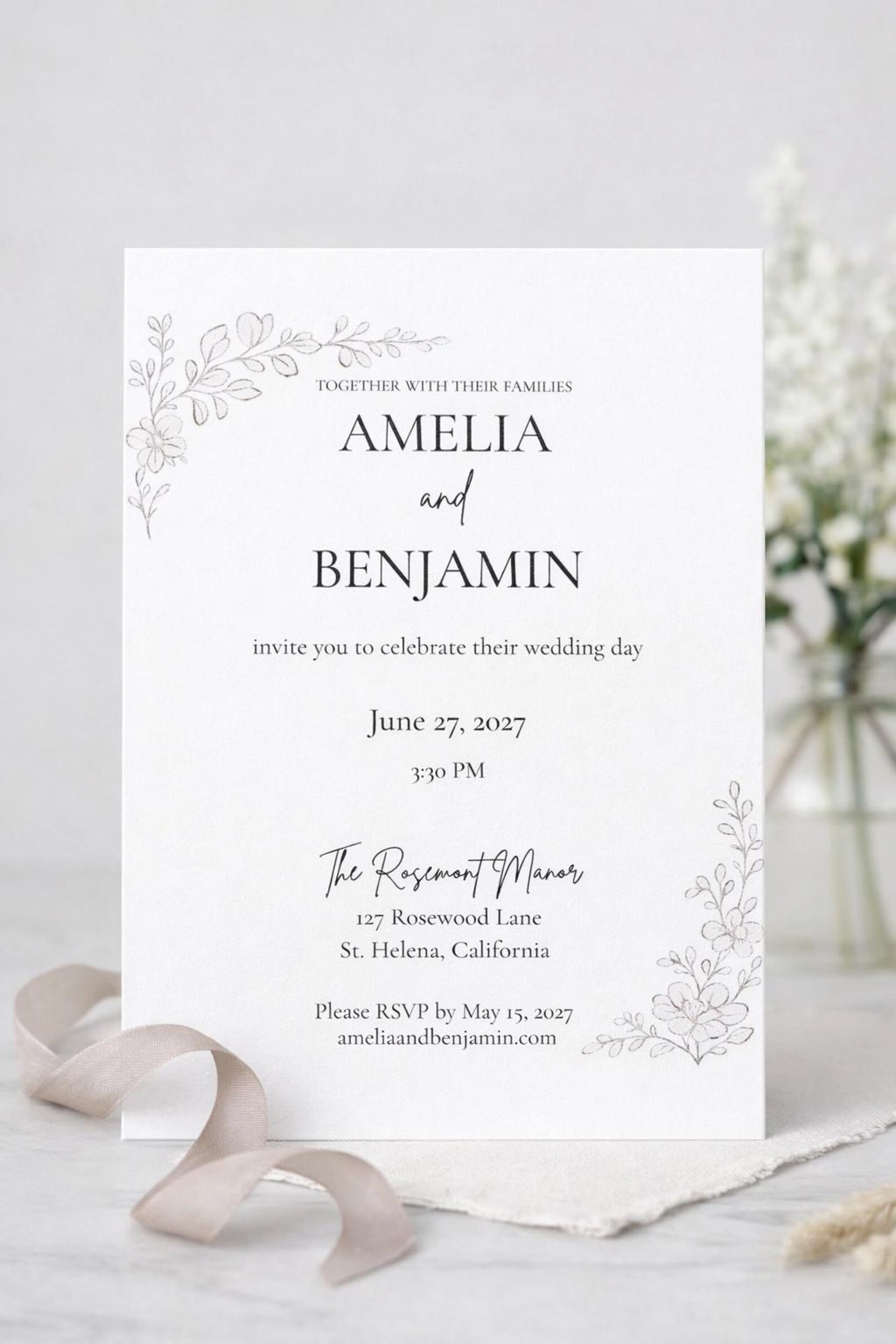 Taupe Wedding Invitation Template | Editable Floral Canva 5x7 Invite