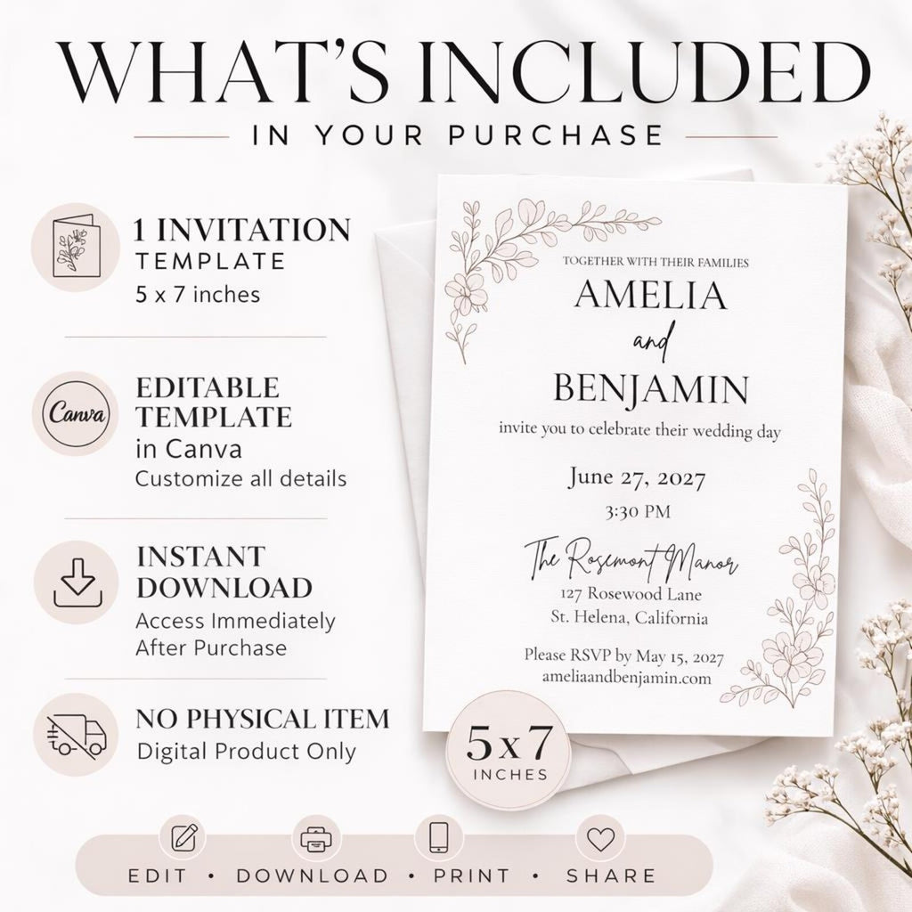 Taupe Wedding Invitation Template | Editable Floral Canva 5x7 Invite