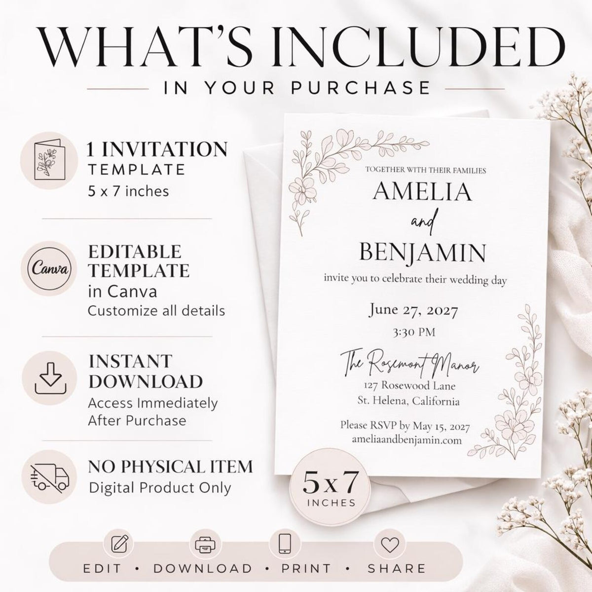 Taupe Wedding Invitation Template | Editable Floral Canva 5x7 Invite