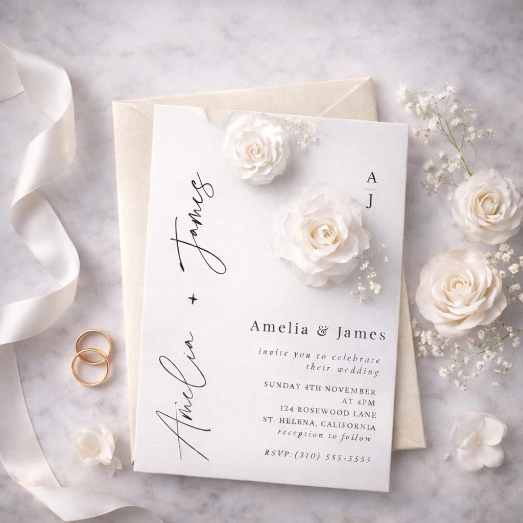 White Floral Wedding Invitation Template – Editable 5x7 Canva Digital Download
