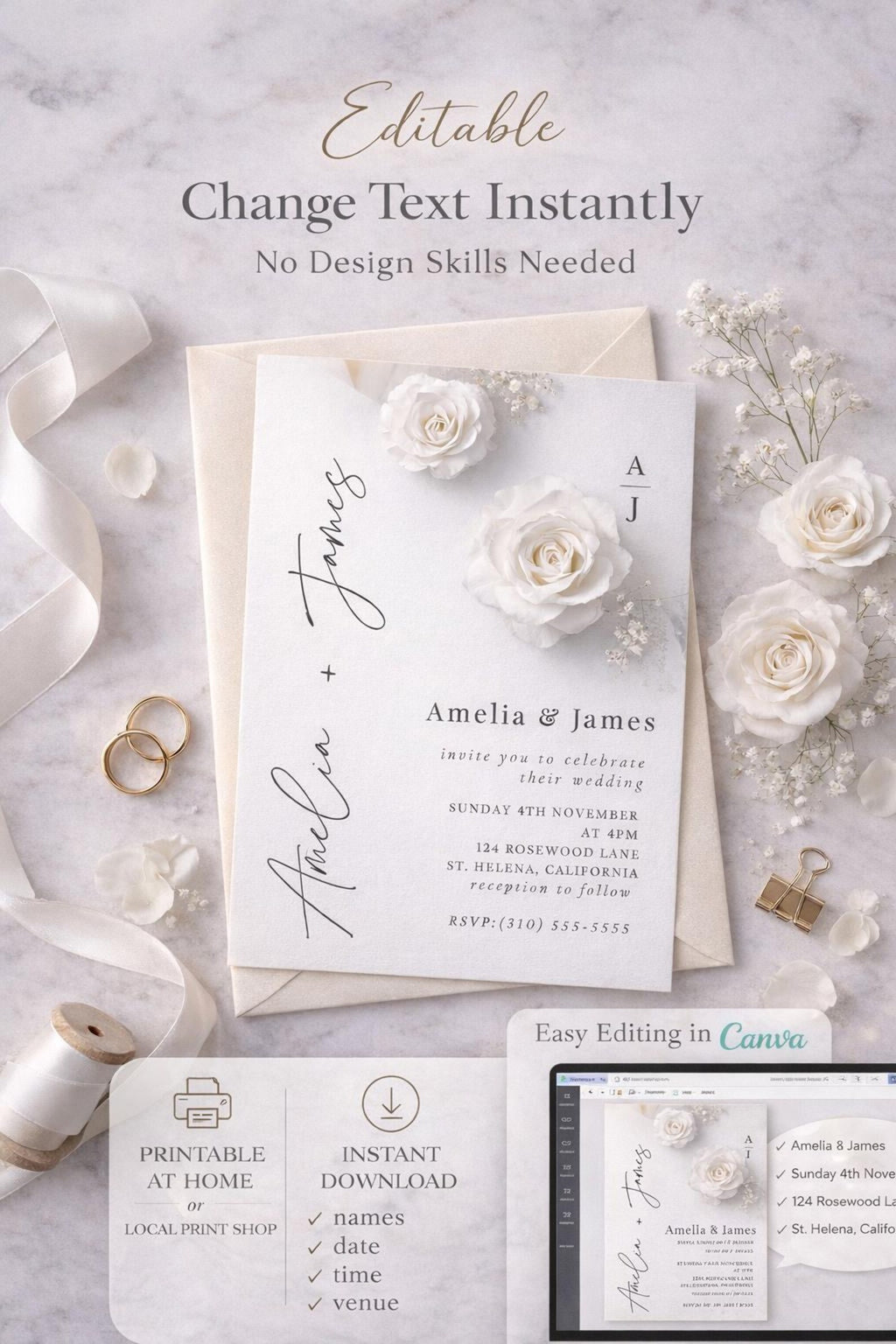 White Floral Wedding Invitation Template – Editable 5x7 Canva Digital Download