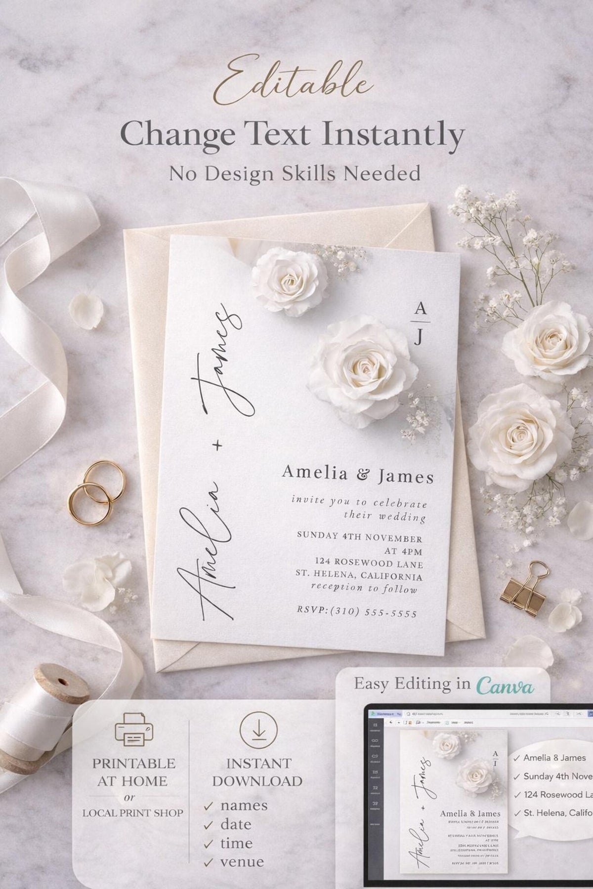 White Floral Wedding Invitation Template – Editable 5x7 Canva Digital Download