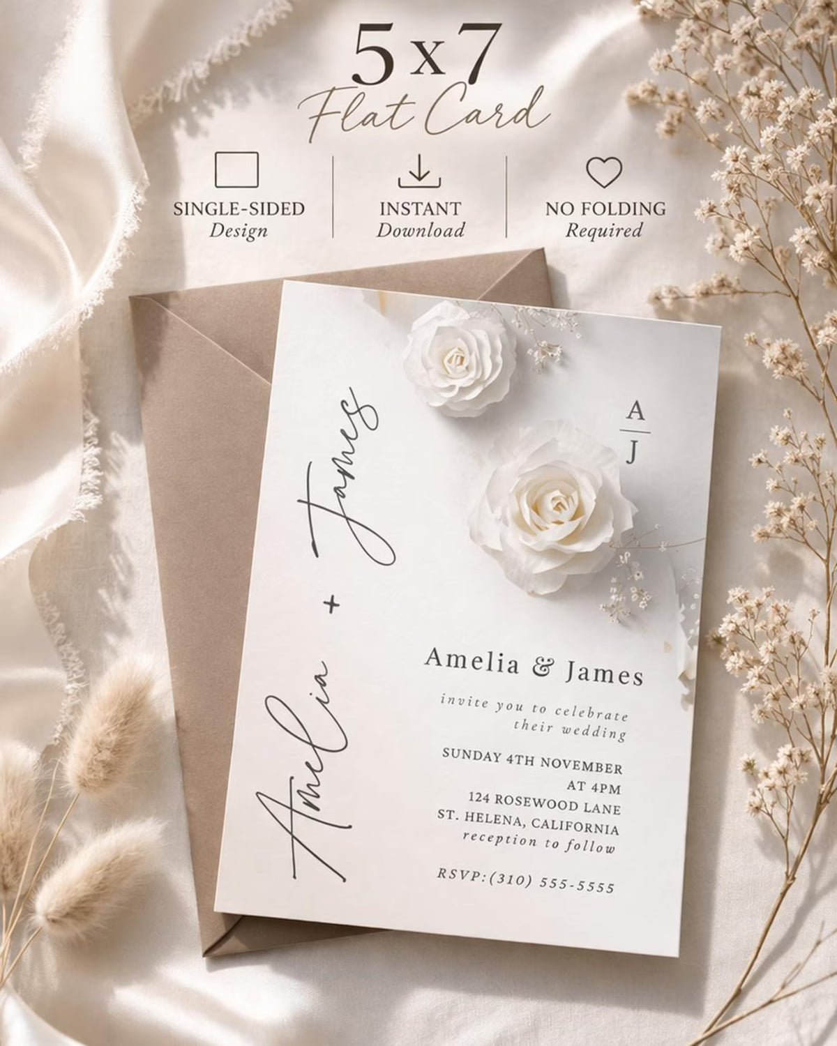 White Floral Wedding Invitation Template – Editable 5x7 Canva Digital Download
