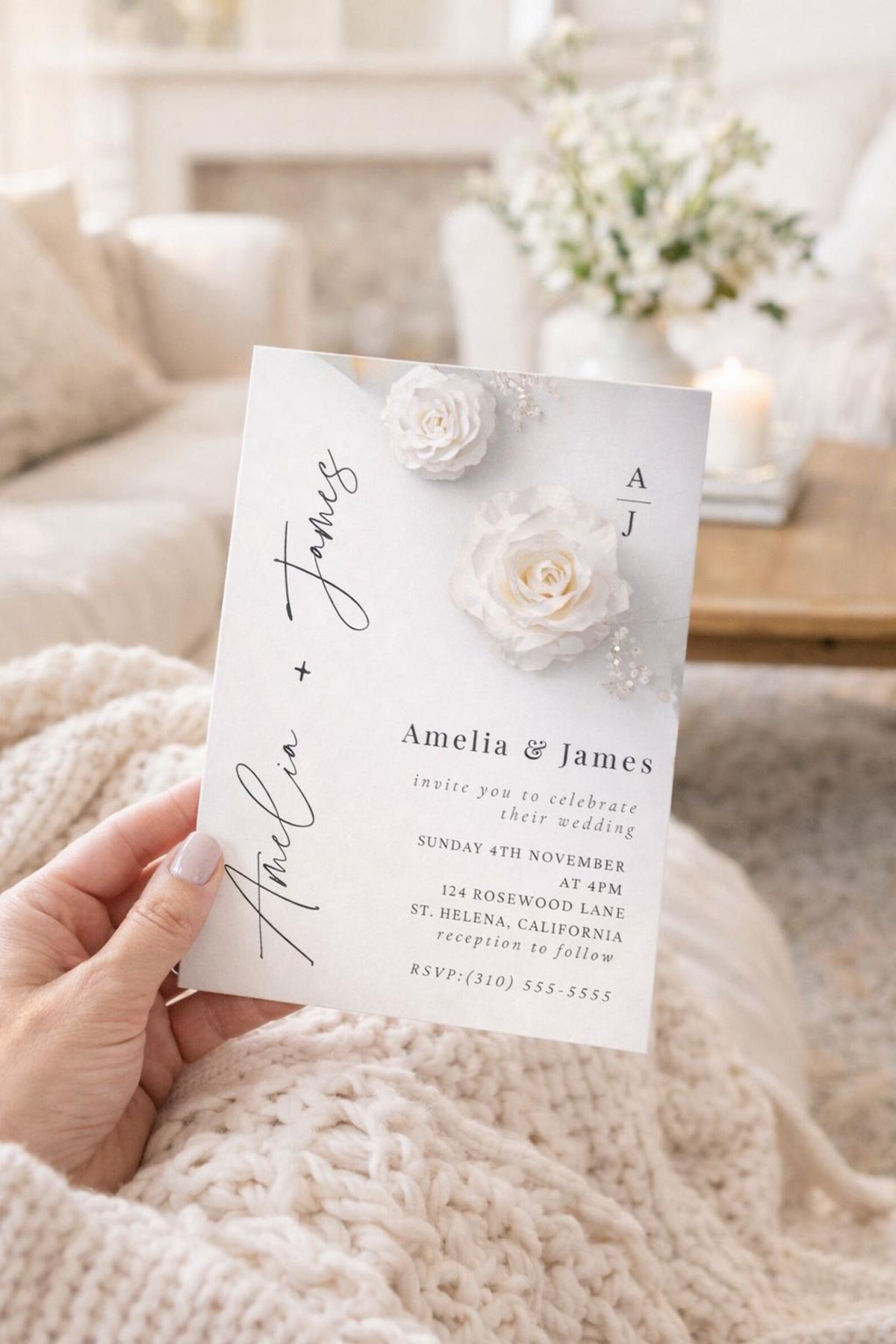 White Floral Wedding Invitation Template – Editable 5x7 Canva Digital Download
