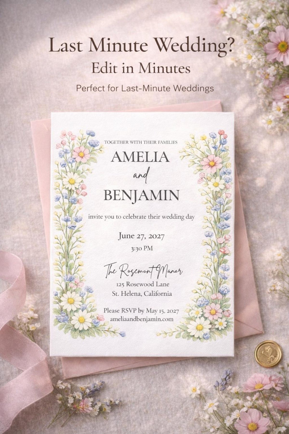 Wildflower Wedding Invitation Template | Editable 5x7 Canva Floral Invite