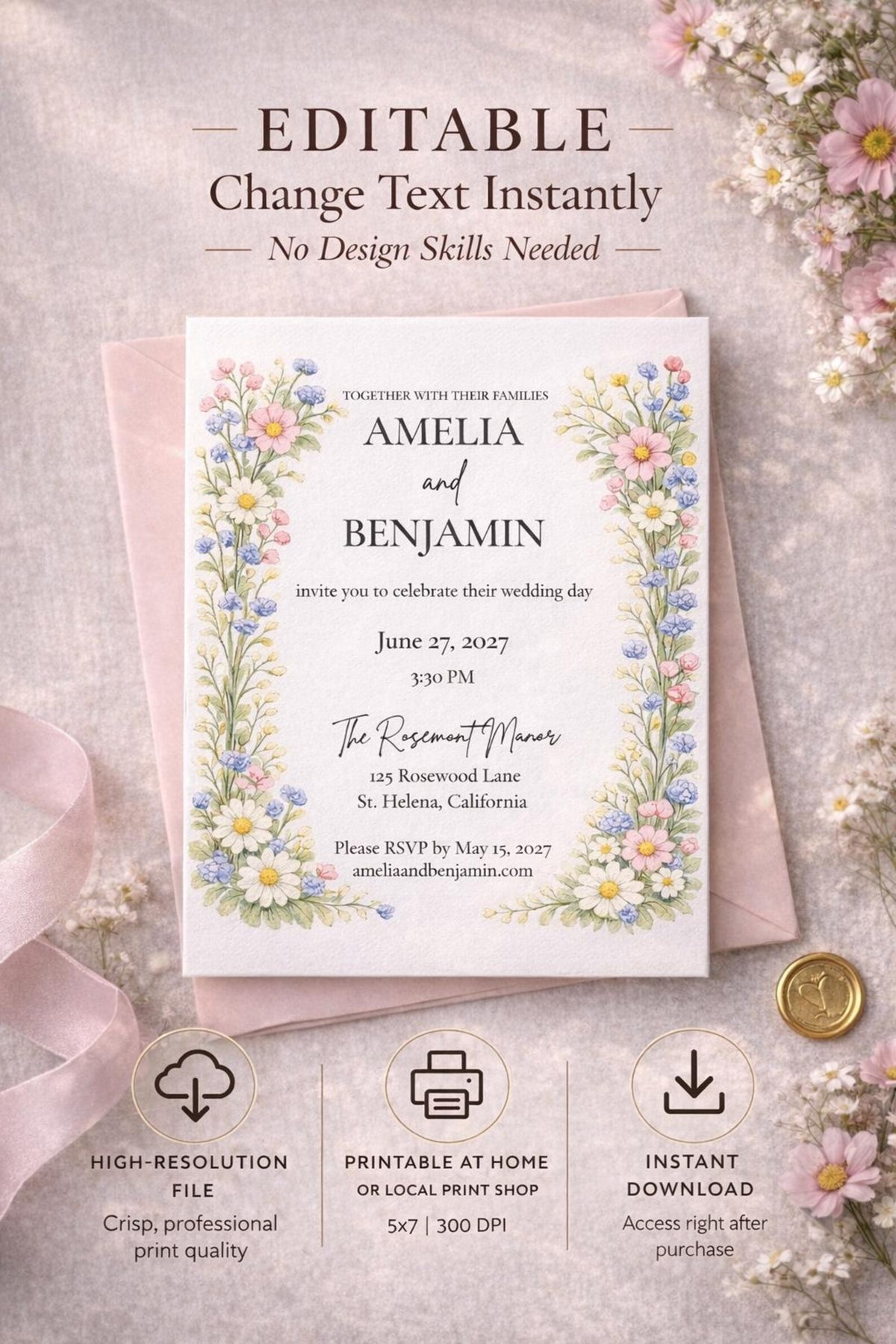 Wildflower Wedding Invitation Template | Editable 5x7 Canva Floral Invite