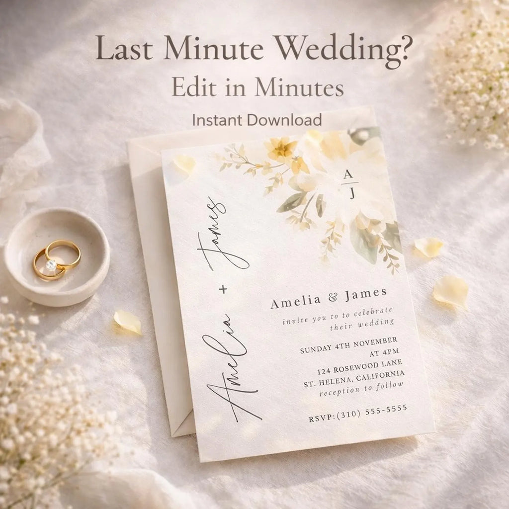Yellow Floral Wedding Invitation Template – Editable Botanical 5x7 Canva Download
