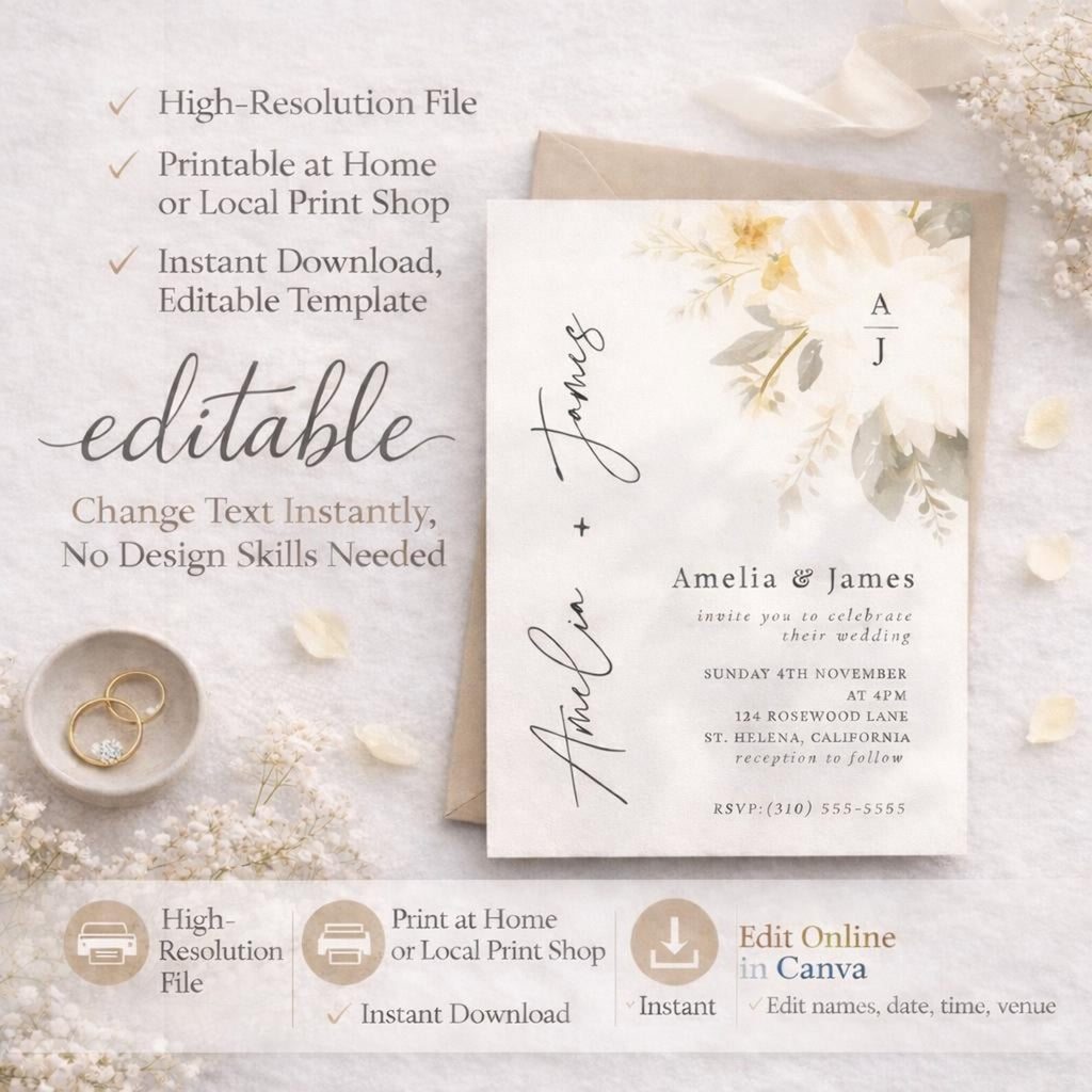 Yellow Floral Wedding Invitation Template – Editable Botanical 5x7 Canva Download
