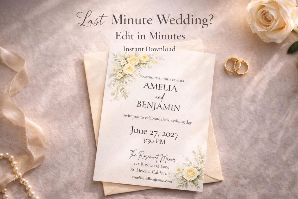 Editable Yellow Floral Wedding Invitation Template – Romantic 5x7 Canva Digital Download