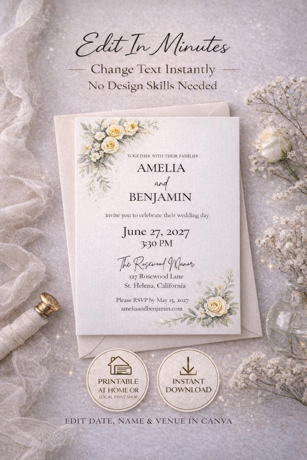 Editable Yellow Floral Wedding Invitation Template – Romantic 5x7 Canva Digital Download