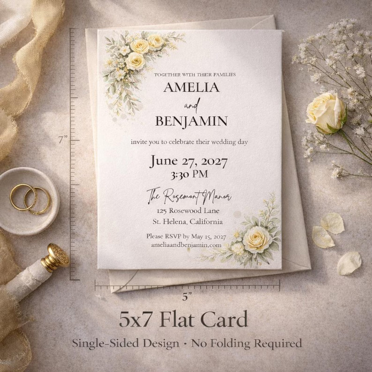 Editable Yellow Floral Wedding Invitation Template – Romantic 5x7 Canva Digital Download