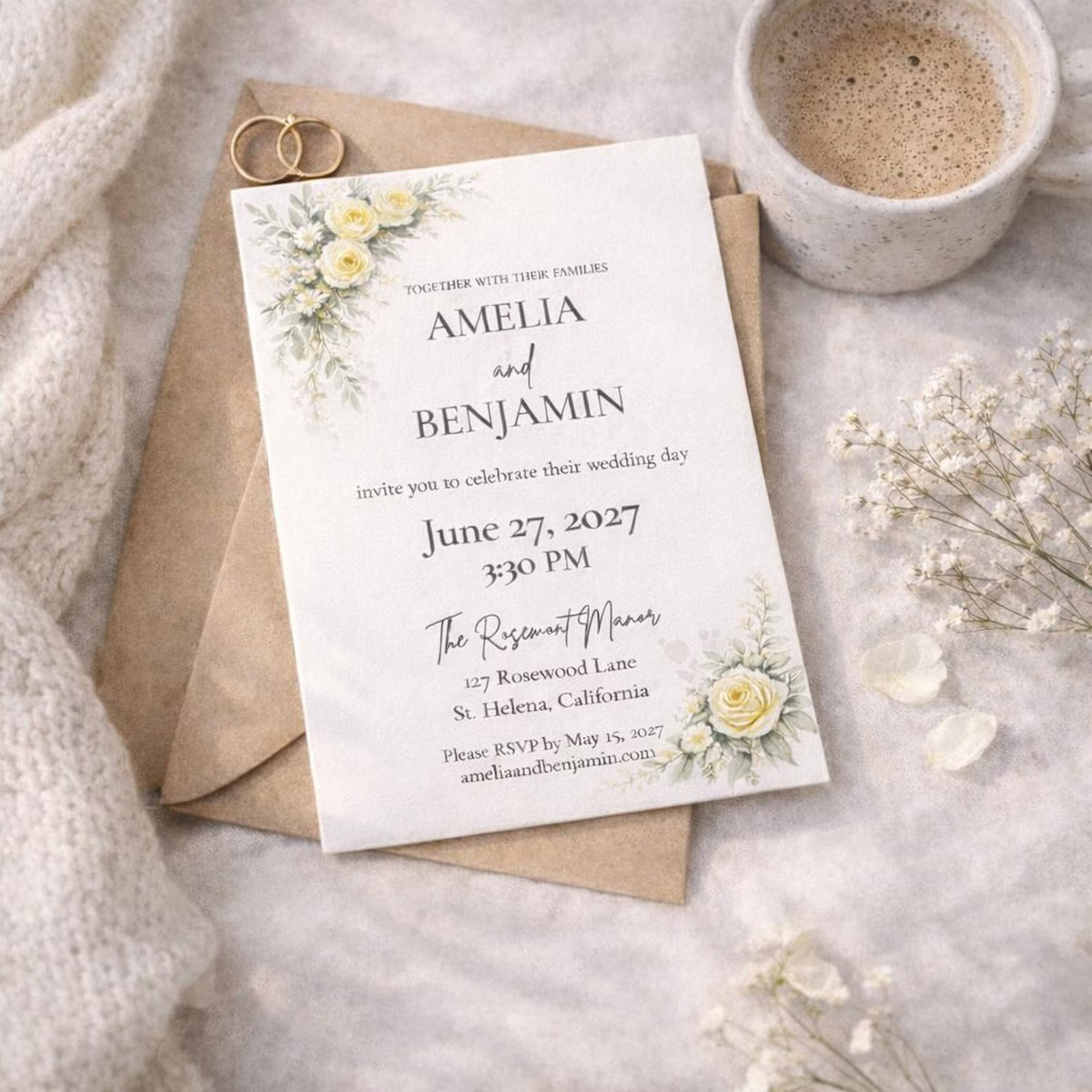 Editable Yellow Floral Wedding Invitation Template – Romantic 5x7 Canva Digital Download