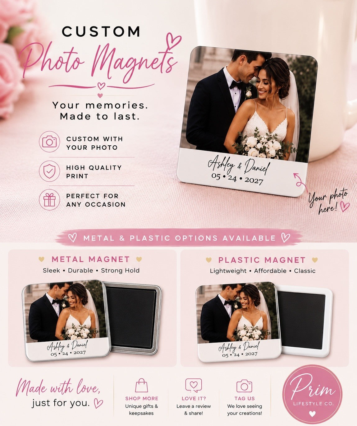 Personalized Wedding Photo Magnet- 2x2 PLASTIC | Custom Couple Keepsake