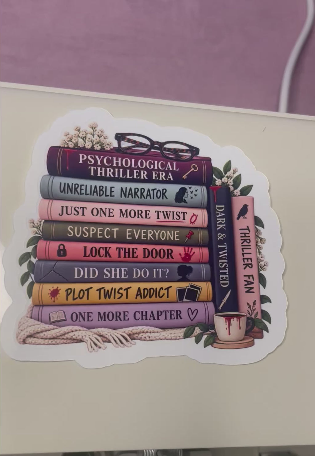 Psychological Thriller Sticker, Book Stack Sticker | Mystery Reader Sticker | Kindle Sticker, Book Lover Gift | Waterproof Vinyl Decal