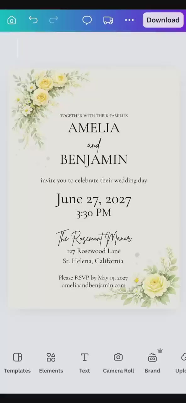 Editable Yellow Floral Wedding Invitation Template – Romantic 5x7 Canva Digital Download
