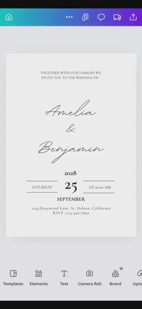 Black and White Minimalist Wedding Invitation Template – Editable 5x7 Canva Digital Download