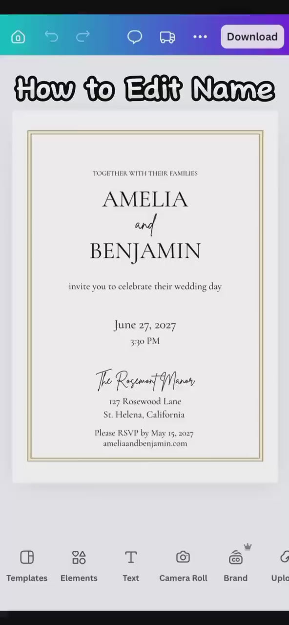 Gold Border Wedding Invitation Template | Editable Canva