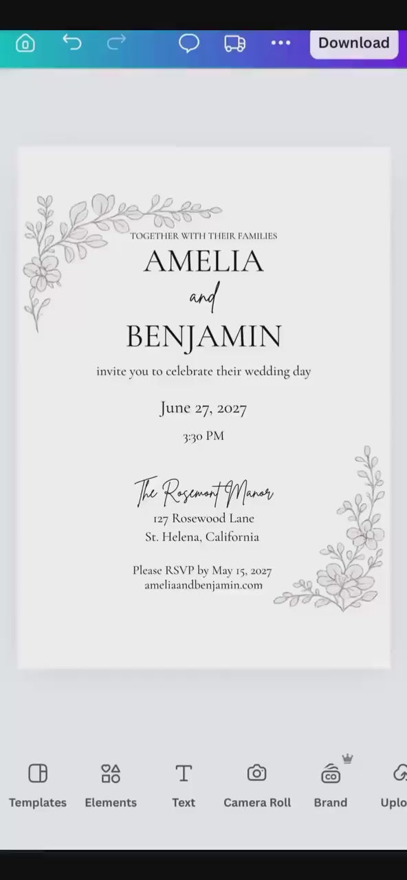 Taupe Wedding Invitation Template | Editable Floral Canva 5x7 Invite
