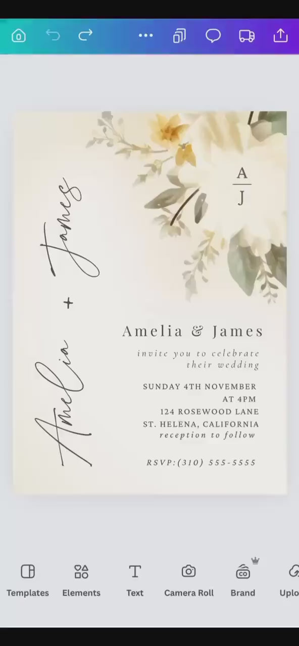 Yellow Floral Wedding Invitation Template – Editable Botanical 5x7 Canva Download