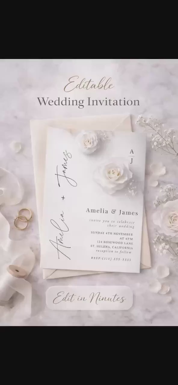 White Floral Wedding Invitation Template – Editable 5x7 Canva Digital Download