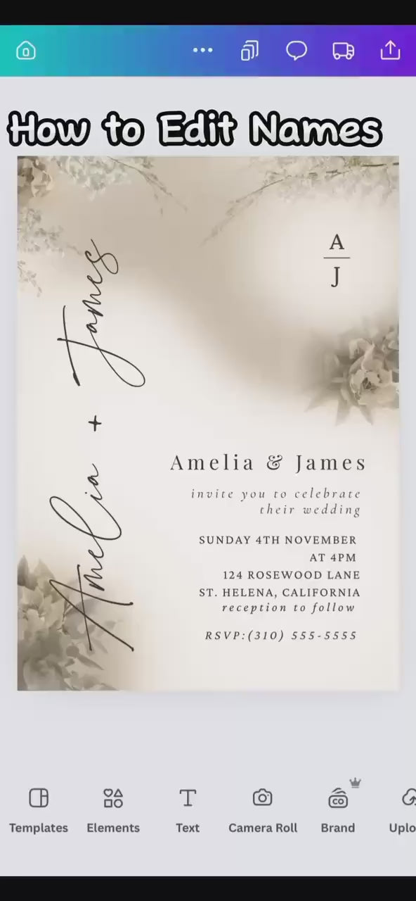 Neutral Wedding Invitation Template | Editable Beige Floral Canva Invite 5x7