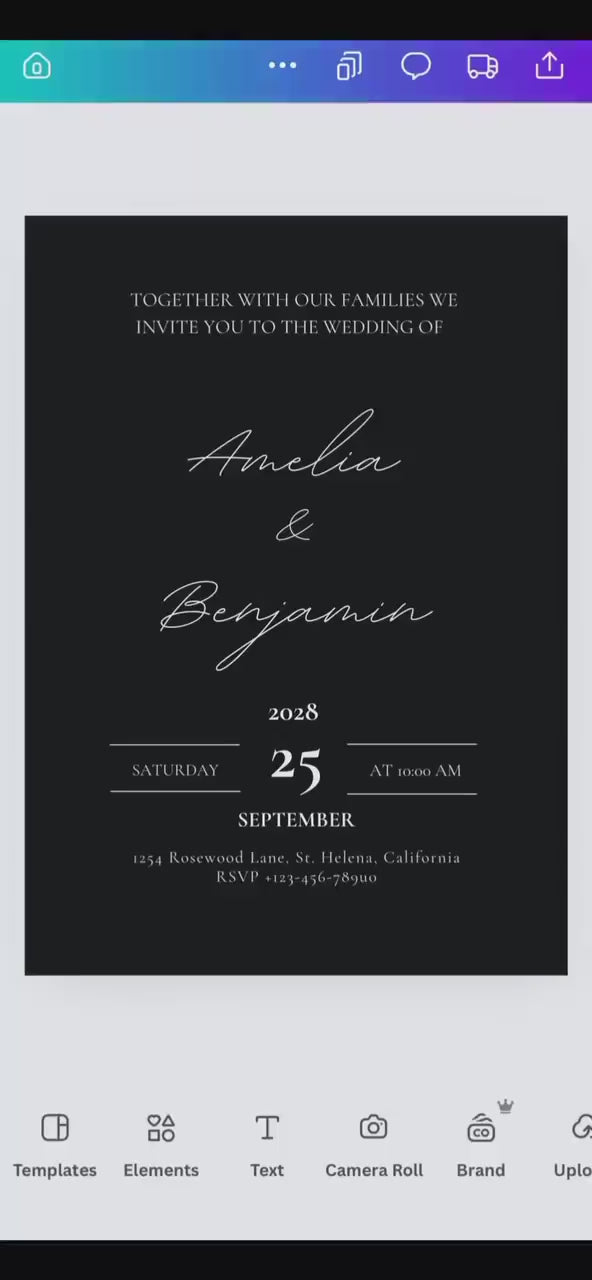 Black Wedding Invitation Template | Editable 5x7 Canva Invite in Black & Gray